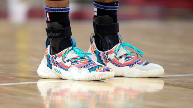Feb 26, 2022; Atlanta, Georgia, USA; Detailed view of the shoes of Atlanta Hawks guard Trae Young (11) against the Toronto Raptors in the second quarter at State Farm Arena.